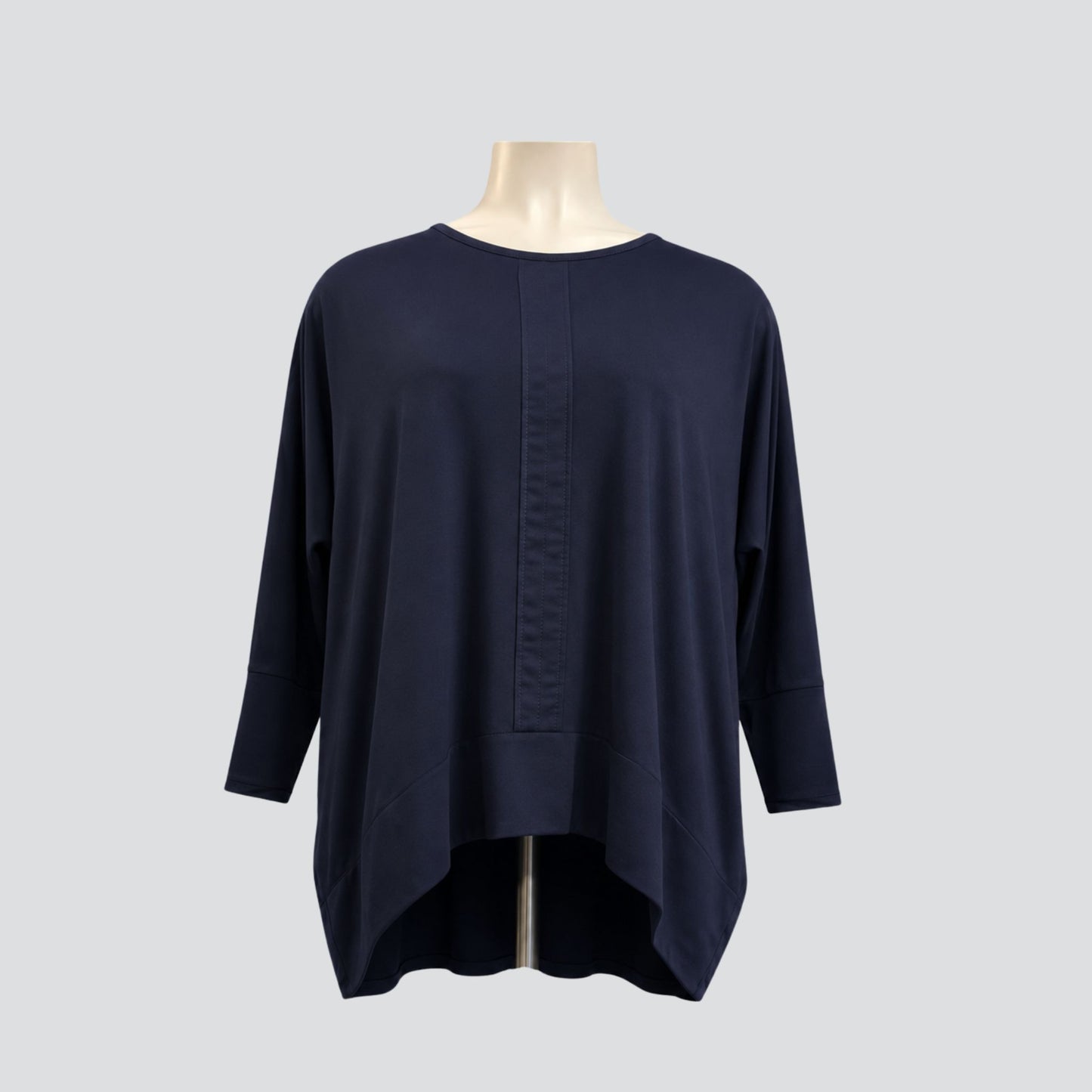 A relaxed dolman sleeve top with a self stripe back detail, designed for curves. NZ made women’s fashion, by Valpy.