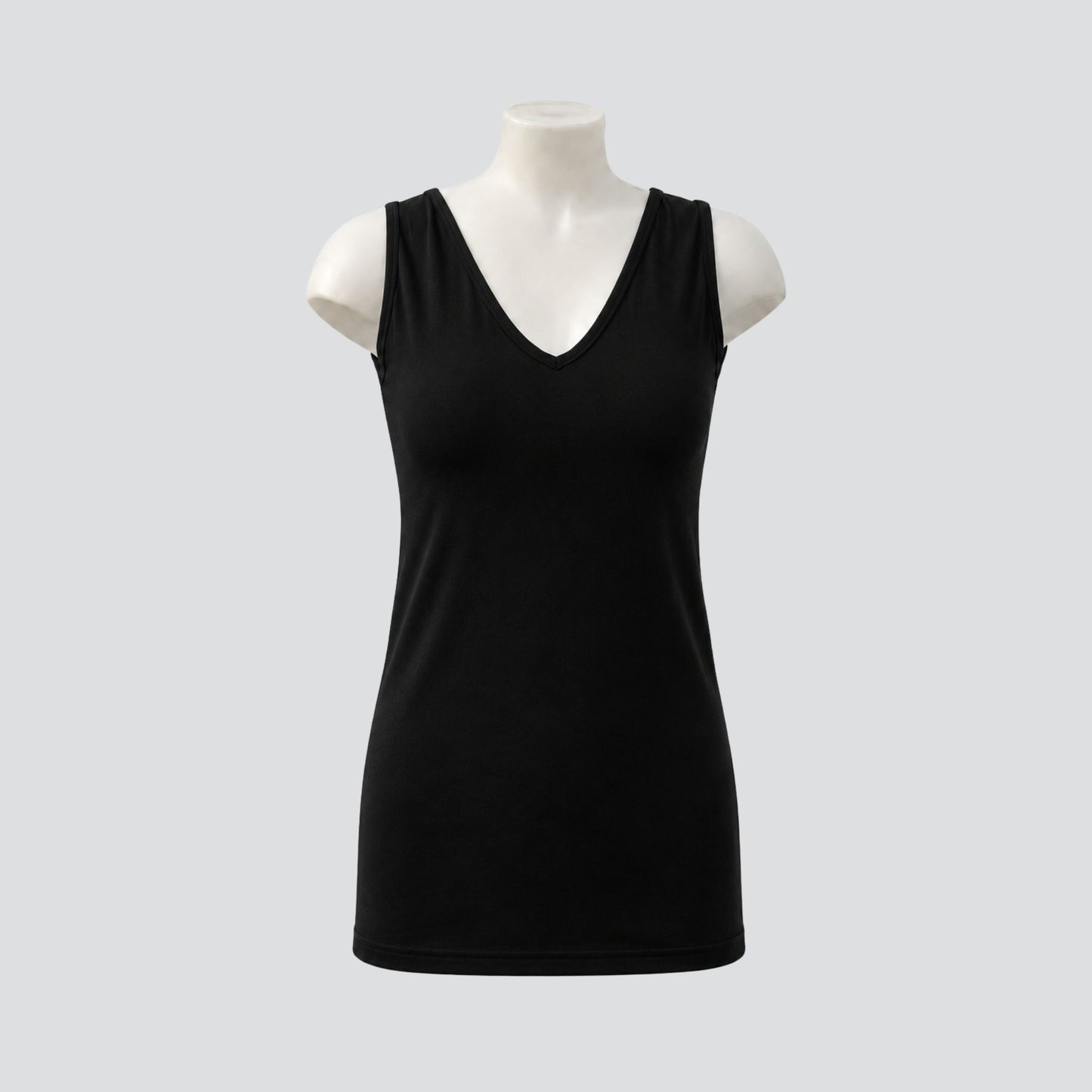 A black sleeveless V-neck tank top. New Zealand Made to dress your curves.