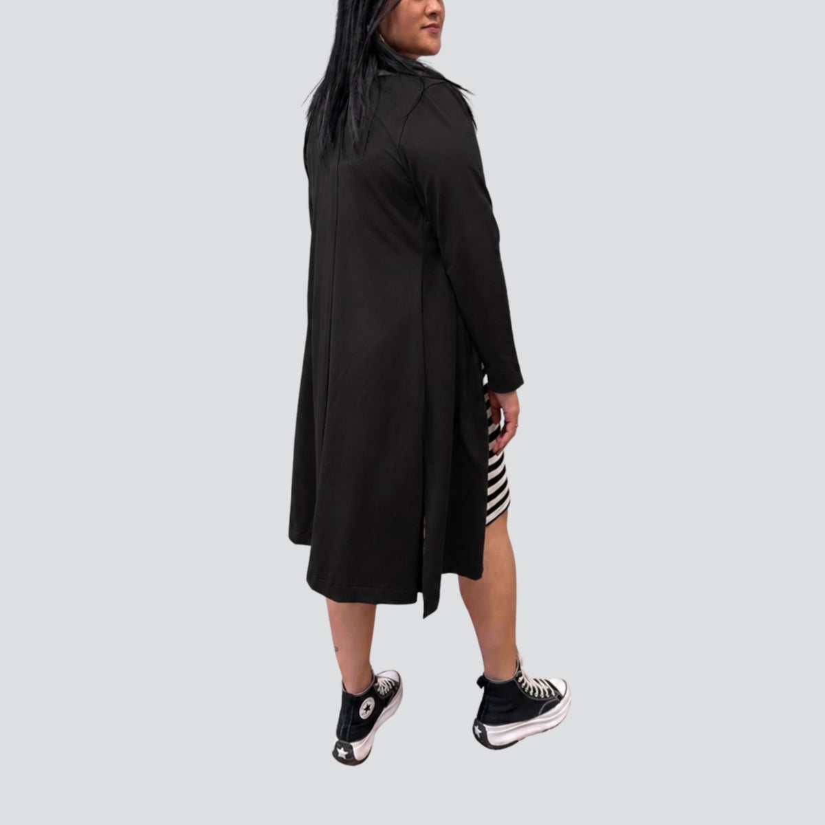 Black Sophie Jacket back view, longline viscose spandex jacket with self stripe detail