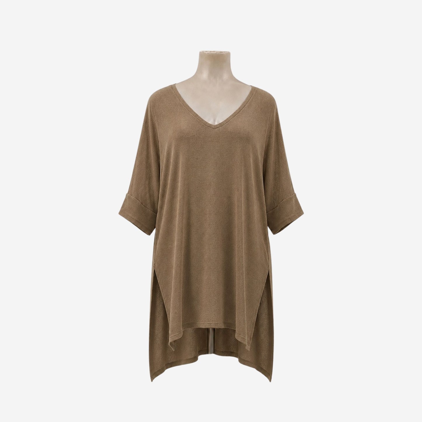 Taupe My Grace Dress, wide fit V-neck high-low viscose dress, NZ designed plus size fashion
