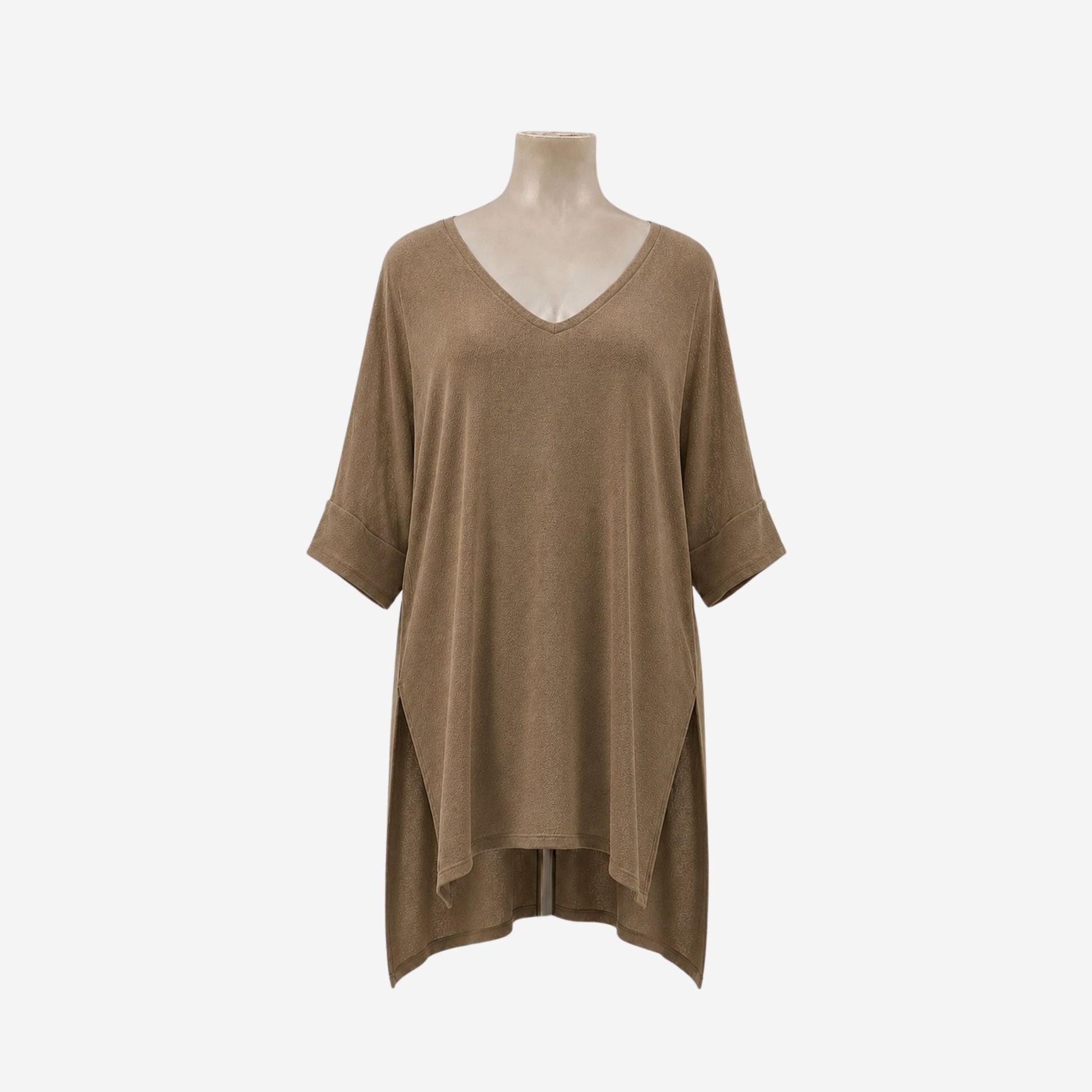 Taupe My Grace Dress, wide fit V-neck high-low viscose dress, NZ designed plus size fashion