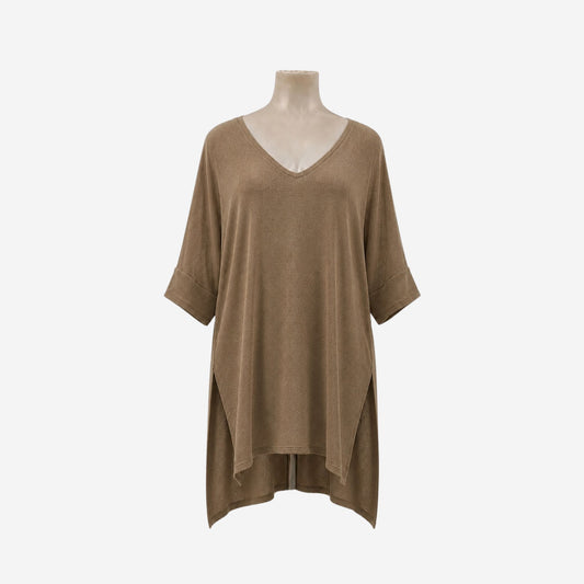 Taupe My Grace Dress, wide fit V-neck high-low viscose dress, NZ designed plus size fashion