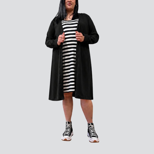 Black Sophie Jacket, longline viscose spandex layering jacket with side split, NZ designed plus size fashion