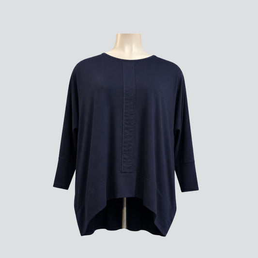 A relaxed dolman sleeve top with a self stripe back detail, designed for curves. NZ made women’s fashion, by Valpy.