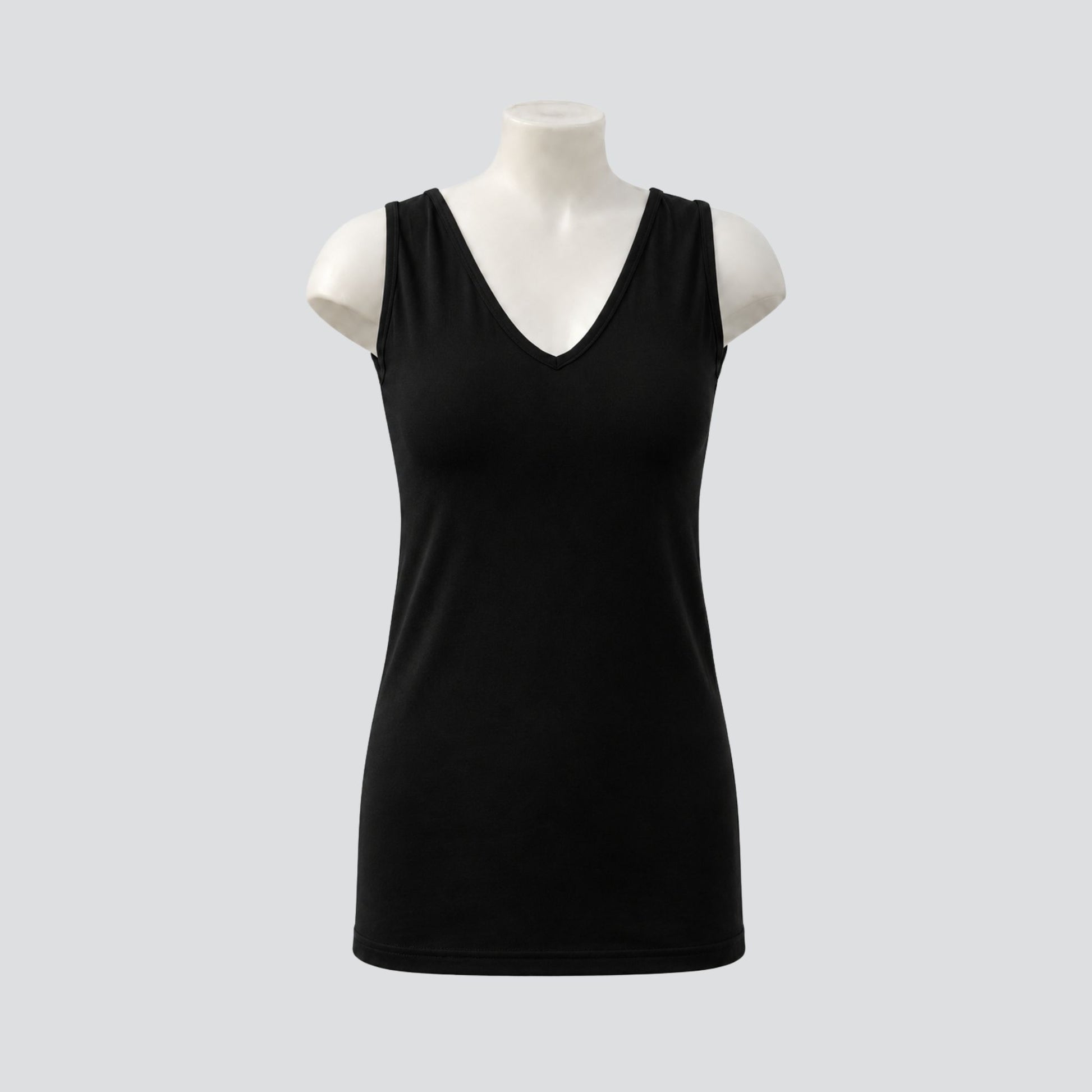 A black sleeveless V-neck tank top. New Zealand Made to dress your curves. 