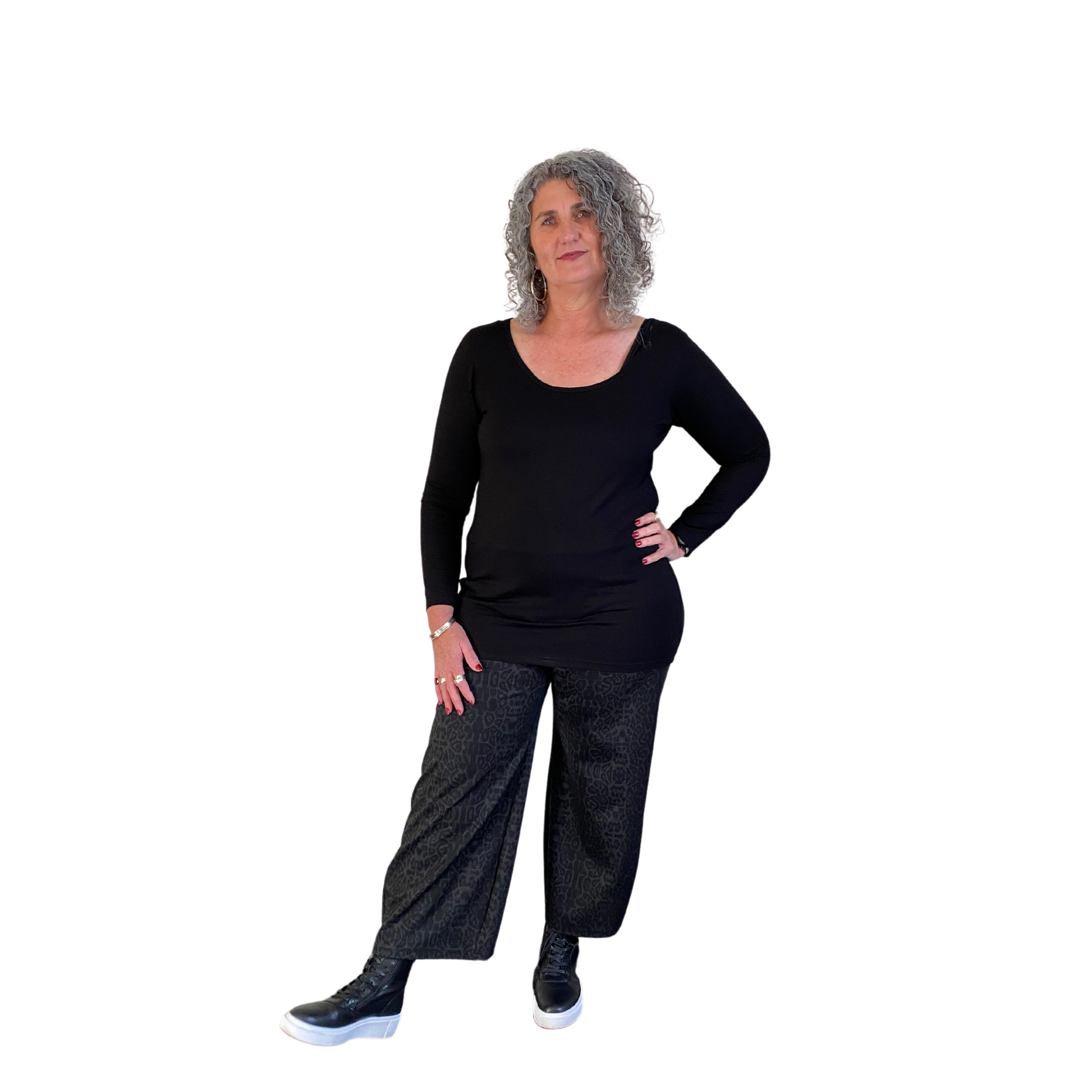 Black Base Top worn with casual pants, viscose spandex layering top by Key Black